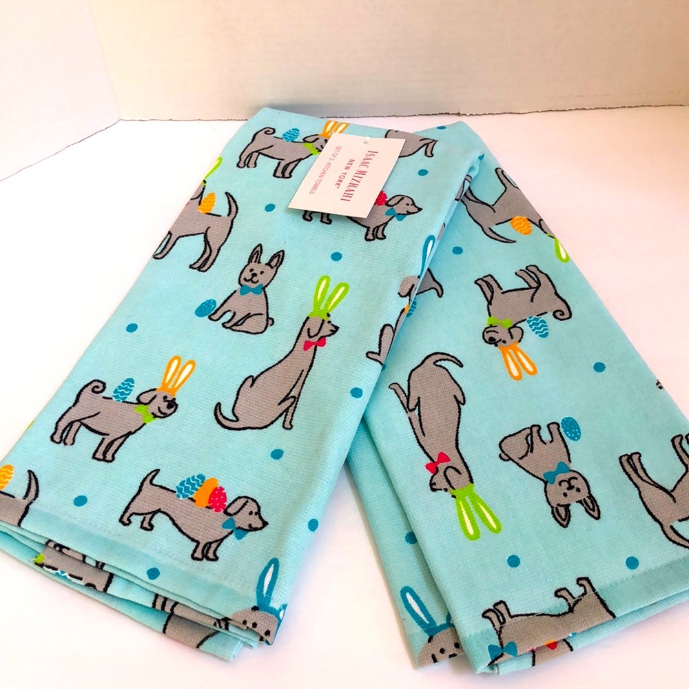 NWT 2x Isaac Mizrahi Turquoise Dogs w bunny ears and Easter eggs kitchen towels